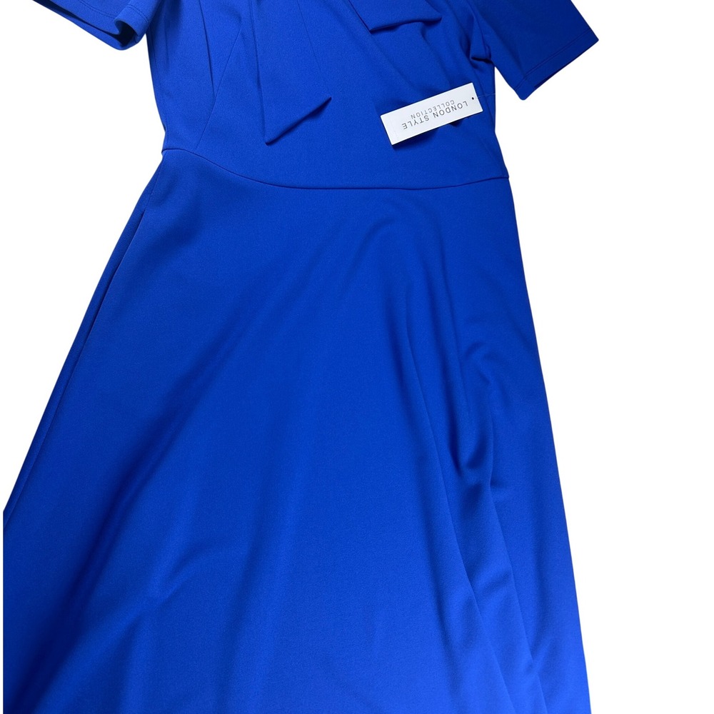 London Style Collection Cobalt Blue Bow Neck Short Sleeve Flare Dress Sz 10 NEW - Picture 7 of 13